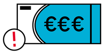 Auf der Grafik ist ein queer angeordnetes Rechteck zu  sehen, das einen Geldschein darstellt, angedeutet durch eine blaue Fläche auf der rechten Seite, auf der ein Euro-Zeichen zu sehen ist. An der linken unteren Ecke des Scheins befindet sich ein runder Kreis mit einem roten Ausrufezeichen.